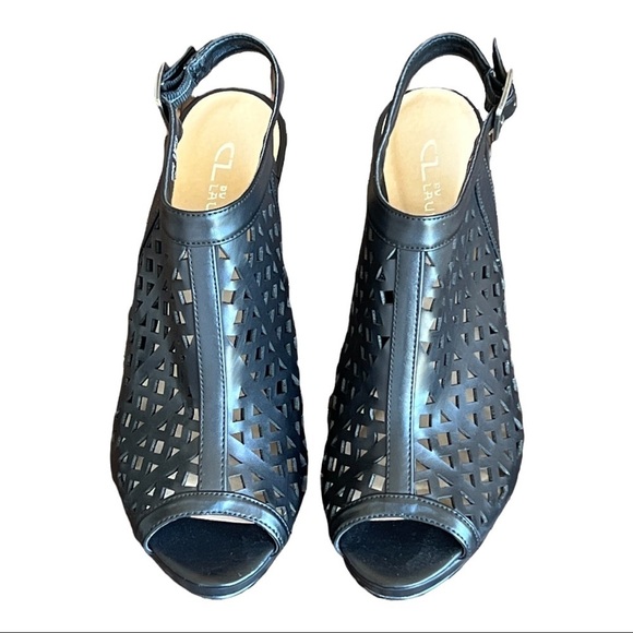 CL By Laundry Peep-Toe Sling-Back Sandals Chic Black Geo Laser Cutout Cone Heels - Picture 3 of 11